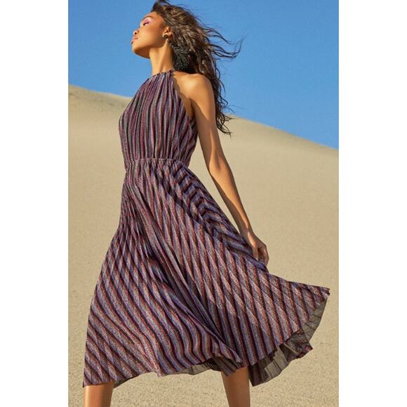 Lucy Paris Rebecca Striped Pleated Halter Midi Dress Purple NWT - Picture 2 of 16